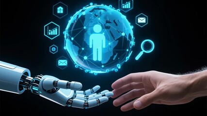 Robot and human collaboration with digital globe and marketing icons symbolizing business strategy recruitment employment lead generation management in futuristic innovative technology approach