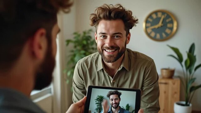 Man having video call on tablet with self reflection in humorous visual illusion. Online communication and modern technology for remote connection.
