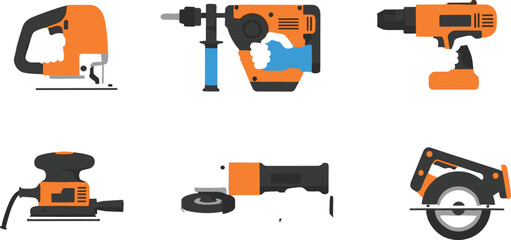 Power tools vector set featuring jigsaw drill hammer grinder sander and circular saw construction equipment