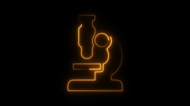 Neon microscope icon animation, glowing neon effect red microscope machine video animation,4K motion graphic representing chemistry, biology, microbiology, and pharmaceutical research.