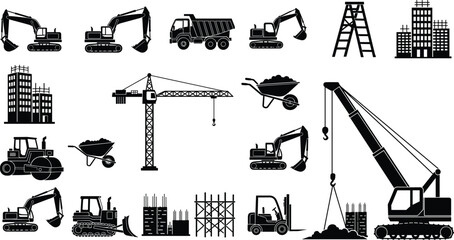 Construction, equipment, excavator, bulldozer, crane, dump truck, forklift, scaffolding, ladder, road roller, infrastructure, building, site, machinery, industrial, engineering, development ©  jahanara