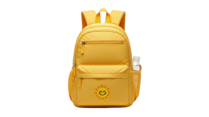 Bright Yellow Backpack with Water Bottle on White Background.