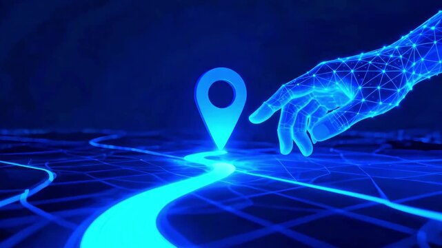 Illuminated digital hand interacts with a glowing blue location pin marking a precise route across a futuristic navigational map display for technology concepts.