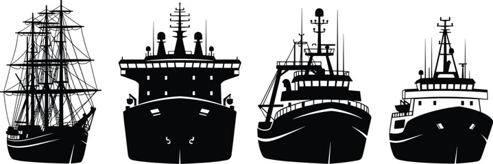 Maritime vessel silhouettes showing sailing ship, cargo ship, fishing trawler, and tugboat front views on white background illustration vector design ©  jahanara