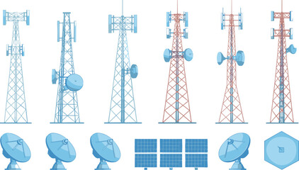 Telecommunication tower vector set featuring radio antennas satellite dishes cellular network and wireless signal equipment