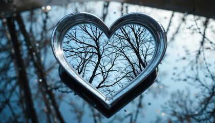 Heart shaped mirror reflecting bare tree branches against blue sky