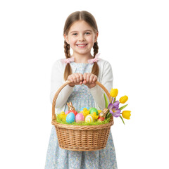 Smiling little girl holding Easter basket with colorful eggs and flowers isolated on transparent or white background, png