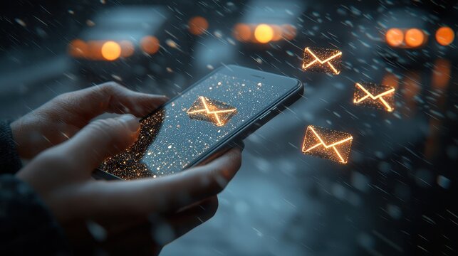 Nighttime email check, snowy city background, message notification, communication