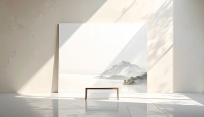 &ldquo;Minimalist serene interior meditation space white canvas wooden bench cushions rug natural light neutral tones&rdquo;