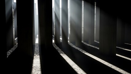 A somber indoor scene with sunlight filtering through narrow vertical openings in dark walls, casting rays on a gravel floor, evoking a sense