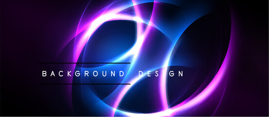 Abstract neon lights create dynamic circular shapes. Dark background emphasizes vibrant purple, blue glows. Text reads background design.
