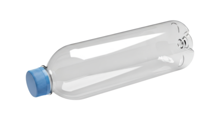 Clear plastic water bottle with blue cap isolated on white background.