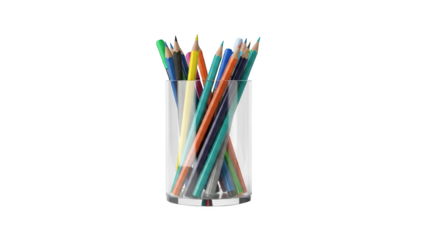 Colorful Pencils in a Clear Glass Holder.