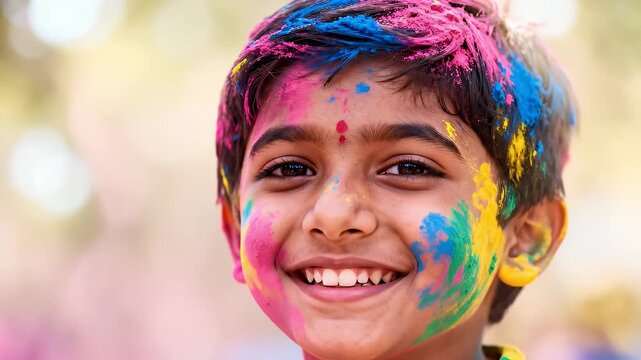 A joyful young Indian boy with a bindi on his forehead, smiling broadly, covered in vibrant Holi festival colors.
