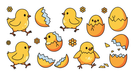 Illustration of cartoon chicks hatching from eggs with flowers on a white background in a flat 2D style with bright yellow and orange hues.
