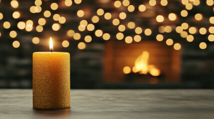 Gold candle candlelight fireplace bokeh lights holiday decoration warm glow wax candle flame cozy atmosphere table surface indoor scene ambient lighting festive decor relaxation hearth evening