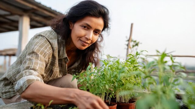 A Passionate Gardener Nurturing Young Plants in a Rooftop Garden, Bringing Life and Vibrancy to Her Green Space with Care and Dedication.
