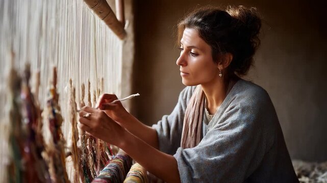 Craftswoman engaged in intricate weaving process, skillfully creating vibrant textile patterns against a rustic background bathed in natural light.