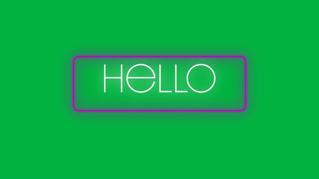 Neon word Hello in white letters in pink frame on black background.