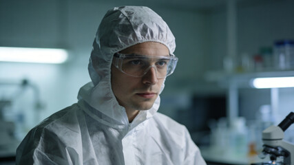 Scientist in protective gear, focused expression, soft light, blurred lab background; dedication to scientific discovery in action.