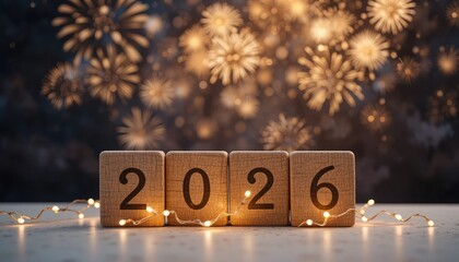 Wooden blocks with numbers 2026 and festive fireworks