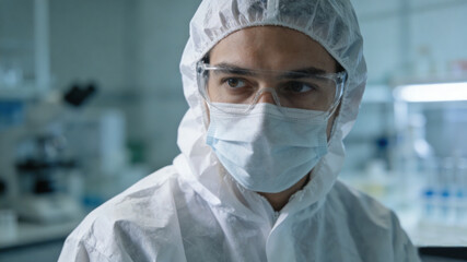 Scientist in protective gear, focused expression, soft light, blurred lab background; dedication to scientific discovery in action.
