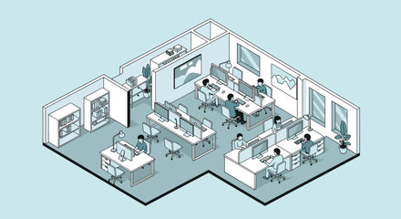 Isometric view of a modern office interior with employees working at desks with computers and bookshelves in a shared space.