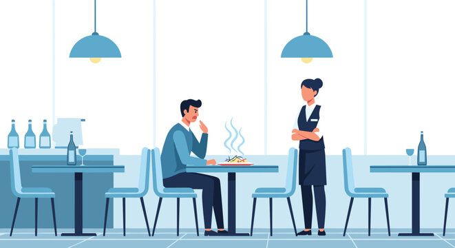 A disgruntled customer complains about his steaming hot food to an attentive waitress in a modern, casual restaurant setting.