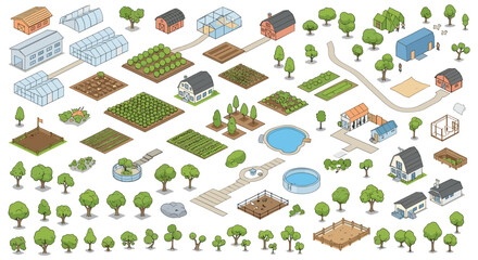 Extensive collection of isometric farm elements including fields barns animals trees and equipment for rural landscape design.