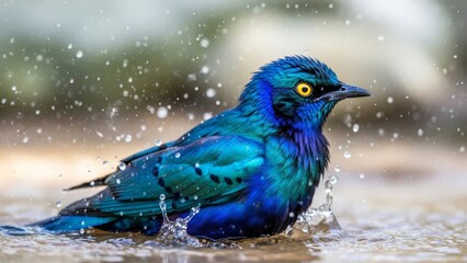 A magnificent glossy starling bird with iridescent blue and green plumage is enthusiastically splashing and bathing in shallow water, creating dynamic water droplets around it.