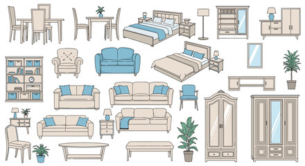 Comprehensive collection of home furniture line art icons including sofas beds tables and storage units for interior design.