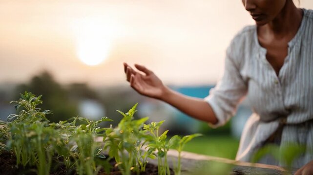 A focused woman tending to her flourishing vegetable garden at sunset, showcasing dedication to gardening and nurturing green plants in a serene setting.