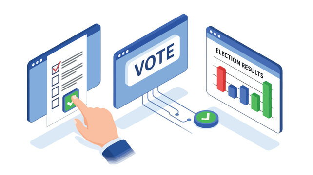 Isometric illustration of a hand interacting with three computer screens displaying a checklist, a vote button, and election results with colorful graphs on a white background.