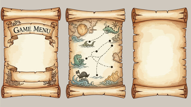 Watercolor parchment scroll, hand drawn manuscript papyrus paper, magic medieval vintage sheet roll. Empty antique game menu banner, document grunge torn edge, ancient pirate map. Parchment scroll set