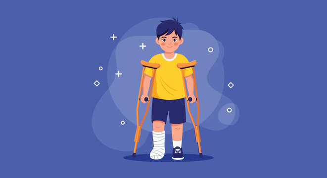 A cheerful young boy with a leg in a cast and crutches stands against a blue background.