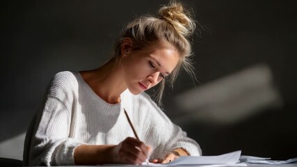 Focused Young Woman Writing Intently on Papers in a Calm, Well-Lit Environment, Captured in Two Frames Showcasing Her Dedication and Attentiveness to Work.