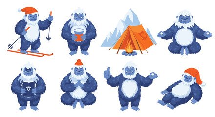 Funny yeti characters engaged in activities like skiing camping meditating and sleeping for winter and adventure themes.
