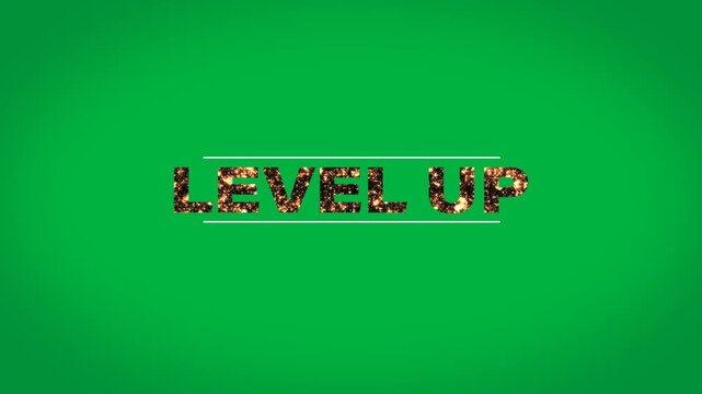 Digital animation of fire burning level up text in between parallel lines against black background