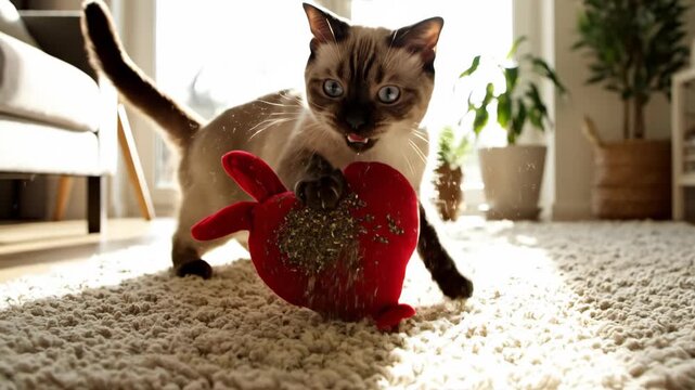 Playful Cat Attacks Heart Shaped Toy Filled With Catnip