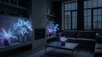 Futuristic bio luminescent houseplants in a modern dark living room,