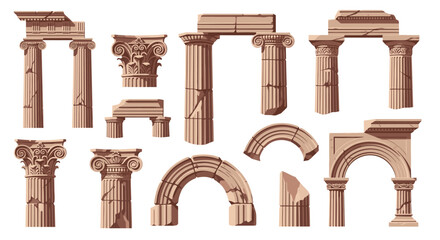 Collection of ancient architectural ruins including broken columns arches and pillars representing classical roman and greek styles.