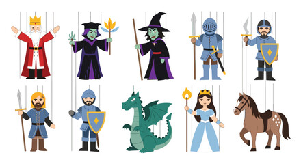Selection of puppet theater characters including a king witch knight dragon and princess for storytelling and children entertainment.