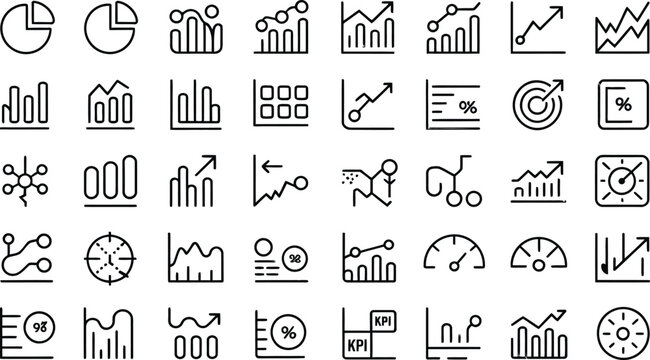 Collection of business and finance icons featuring various charts and graphs