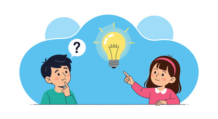 Boy and girl characters with thinking bubbles and a glowing light bulb representing ideas problem solving and creativity.