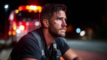 Intense Reflection of a Firefighter Amidst the Night: A Moment Captured of Courage, Resilience, and Silent Strength in the Face of Challenging Situations