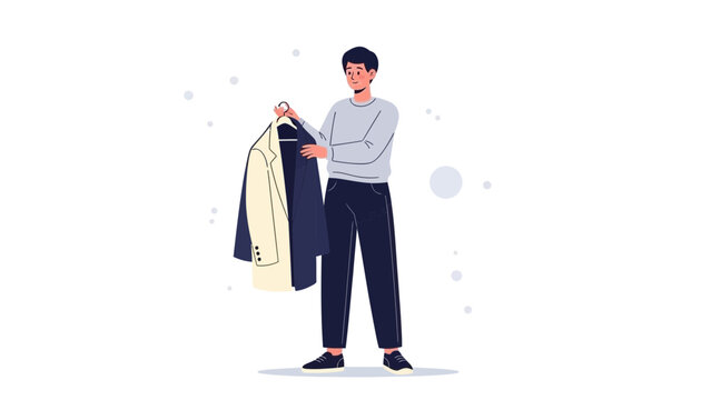 Young man choosing stylish overcoat for winter fashion laundry shopping