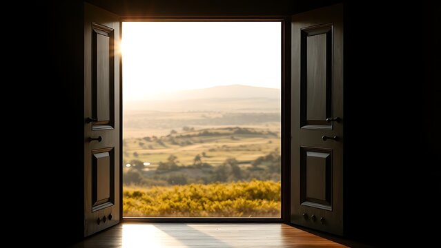 cowboyboots. An open doorway framing a bright landscape outside, contrasting with a dark interior. travel magazines, destination branding, designed for travel destination branding.