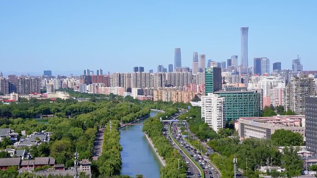 High angle view of the city skyline from the Guomao CBD in Zuo'anmen, Beijing, China