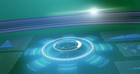 Spot of light and digital interface with round scanner and data processing against blue background - Powered by Adobe