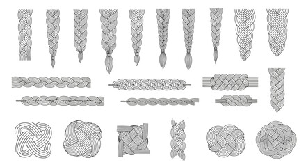 Detailed hand drawn patterns of various hair braids and knots for salon and hairstyling design inspiration in black and white.
